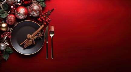 top view Classic festive setting with antique silverware and decor on a red backdrop, top view