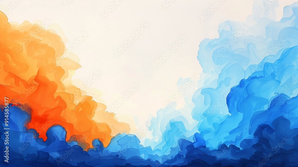 Poster this image features an abstract blend of vibrant orange and calm blue watercolor clouds meeting in t
