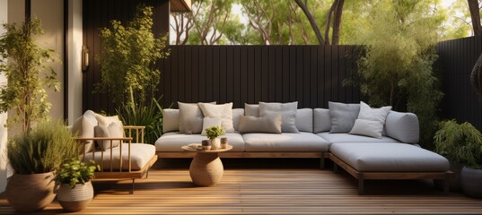 Fototapeta premium Contemporary outdoor lounge in backyard Terrace house with wooden floor comfy seating and wicker ottoman Cozy patio or balcony space for relaxation Wooden veranda with outdoor furniture