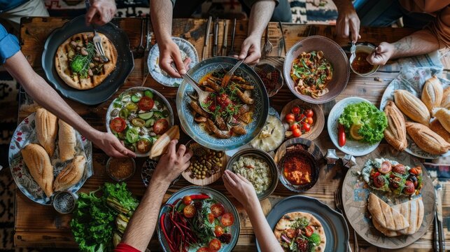 A table full of food with people eating it