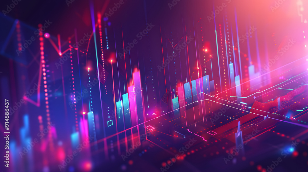 Poster an abstract visualization of financial data featuring colorful graphs and lines, illustrating market