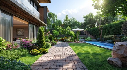 Obraz premium Beautiful Yard Design for a Private House. Created with Generative AI