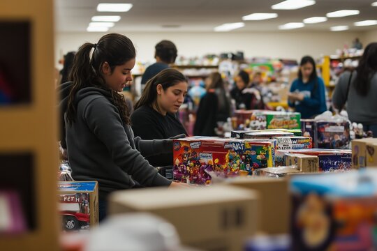 Community Volunteers Organizing Toys at Local Charity Event During Holiday Season