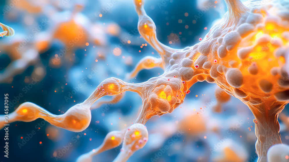 Poster closeup view of neurons and synapses in the brain, exploring complex biological interactions