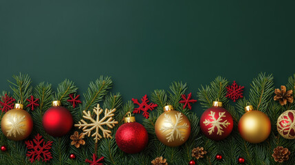 Christmas Garland with Red and Gold Ornaments on Green Background.