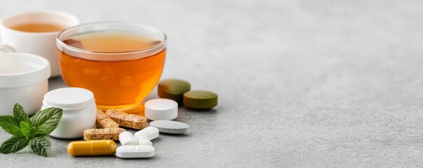 Herbal teas and natural supplements on a countertop, promoting holistic nutrition and balance