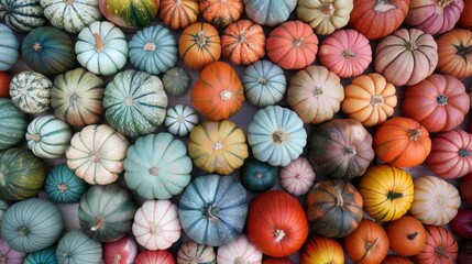 A large group of pumpkins of various colors and sizes