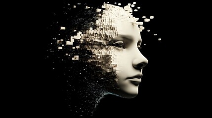 Pixelated Mind: AI Face in Black Void