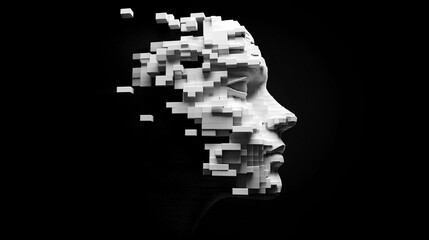 Pixelated Mind: AI Face in Black Void