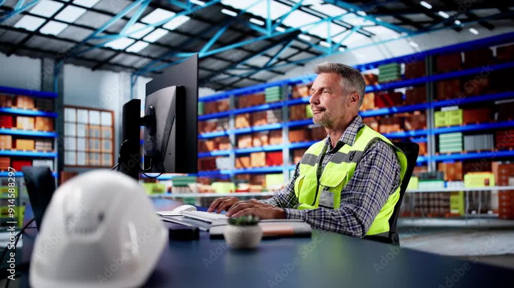 Poster warehouse inventory management on office computer