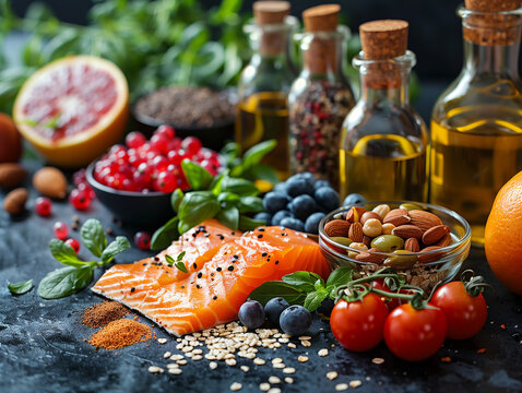  Base Set of healthy food concept for Mediterranean diet. Fish, vegetables, healthy omega 3 fats and fresh berries. Served on dark background