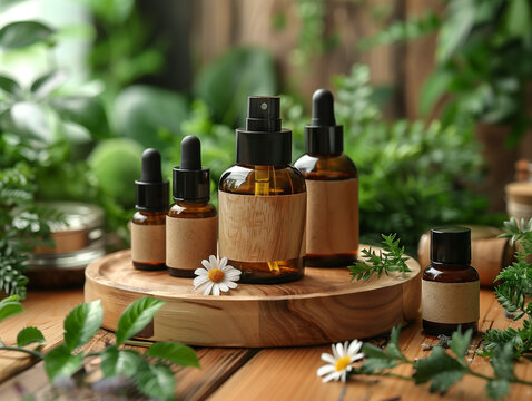 Natural organic cream and whey in brown glass jar cosmetics for skin care in reusable packaging concept zero waste mockup on wood background
