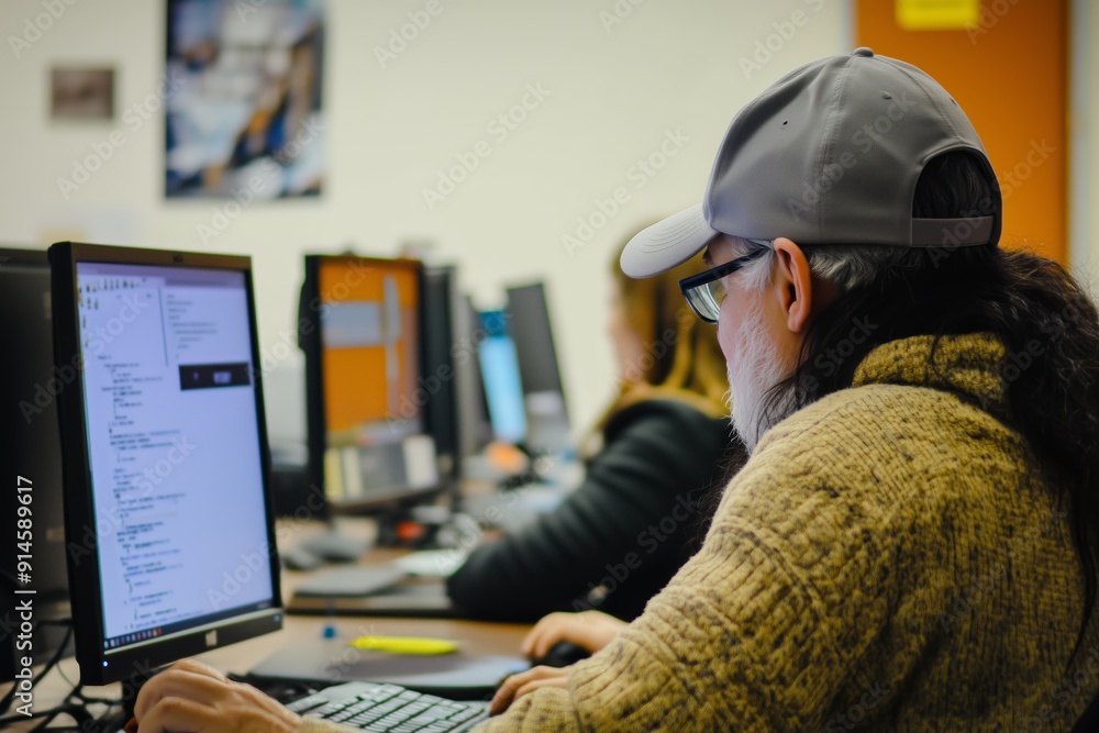 Poster individual engaged in coding activity at computer workstation during daytime in collaborative learni
