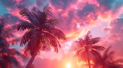 Obraz premium Tropical palm trees against vibrant sunset sky - generative ai