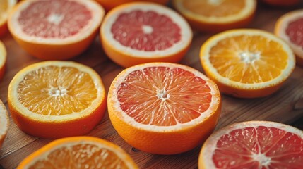 A close-up of sliced oranges and grapefruits arranged in a row on a wooden surface.  The citrus fruits are fresh and vibrant, showcasing a range of colors and textures.