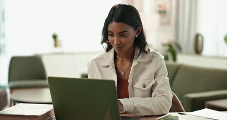 Laptop, Indian woman and student for online, typing and home with book for studying or project. Living room, research proposal and university learner, essay and female person with computer for email - Powered by Adobe