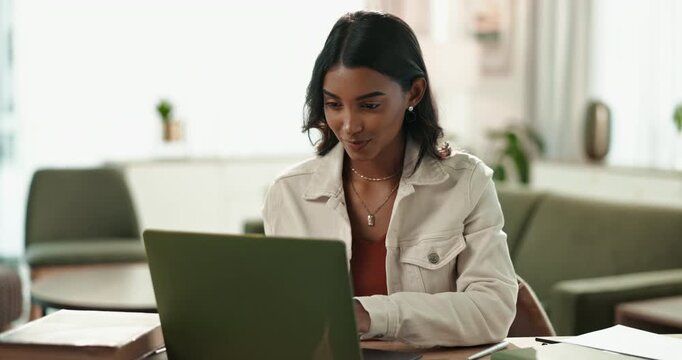 Laptop, Indian woman and student for online, typing and home with book for studying or project. Living room, research proposal and university learner, essay and female person with computer for email