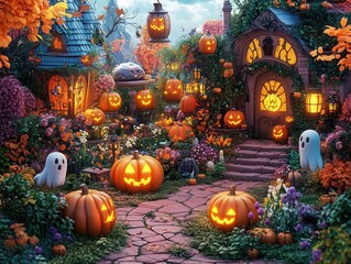 Enchanted Halloween Garden A 3D illustration of a magical garden filled with enchanted pumpkins