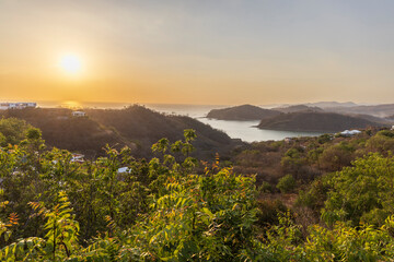 High point panoramic view from Christ of the Mercy statue standing on a cliff above the bay of San...