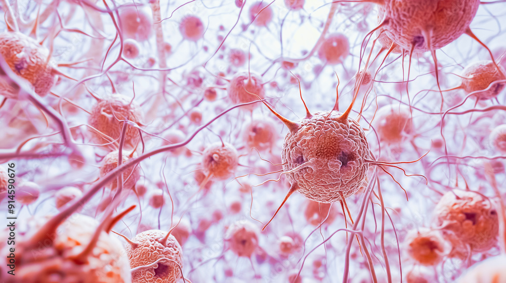 Poster closeup view of neurons and synapses in the brain, exploring complex biological interactions