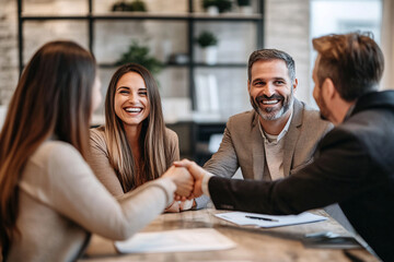 a group of people being happy and shaking hands after a meeting