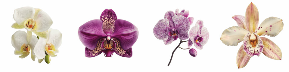  set of an orchid in full bloom, with intricate details of the petals, Petal Precision, Petal Mastery, Petal Perfection, Detailed View of Orchid Petals, Blooming Petals,  on a transparent backgrounds