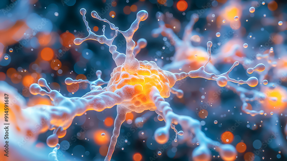 Poster closeup view of neurons and synapses in the brain, exploring complex biological interactions