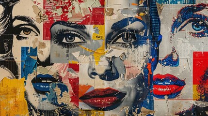 Obraz premium A collage of female faces with bold makeup and vibrant colors, creating a sense of mystery and intrigue.