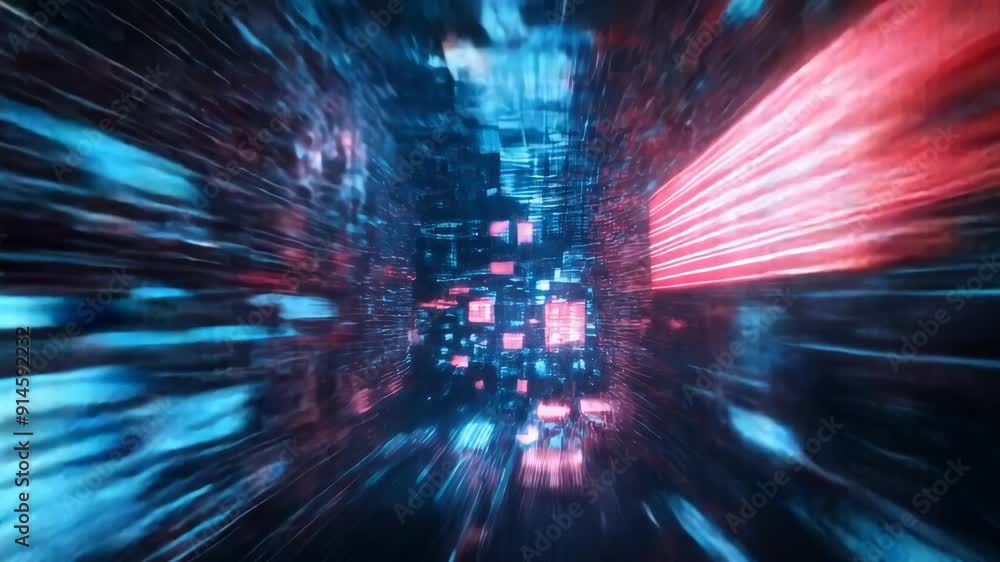 Poster 3d animation of an abstract digital network with bright icons and lines on a dark background