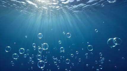 An underwater view with bubbles rising to the surface in the deep blue ocean. The image conveys the calm and mystery of the underwater world.