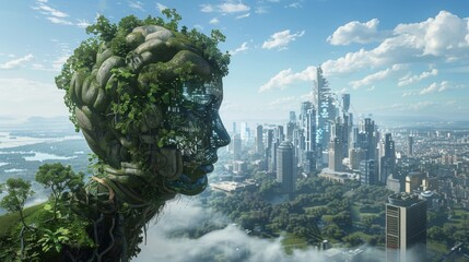 Obraz premium Conceptual image depicting human thinking on preserving nature, reducing carbon footprint, and creating sustainable urban communities.