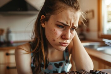 Dissatisfied sad face of a young girl, teenage acne problems, allergy to chocolate, sweets.