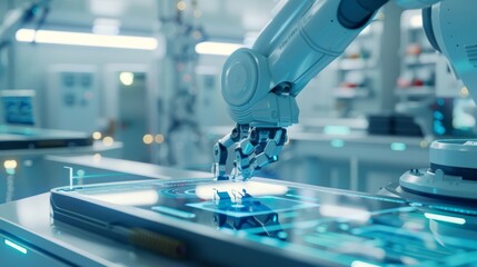 The design of a wide banner depicting future robotic arms performing automated medical health care operations and remote control hospital equipment in the future