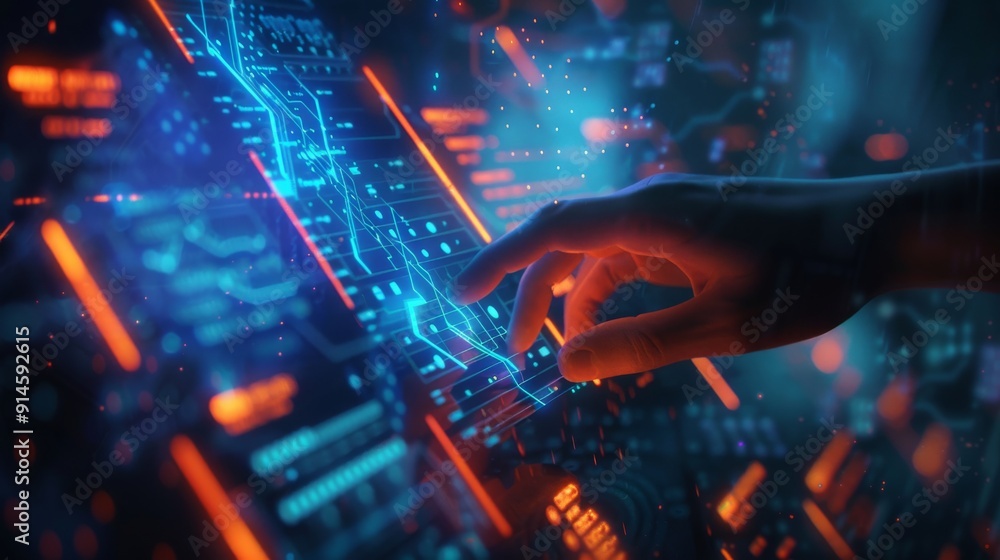 Poster pressing a robot hand on a virtual digital screen using big data, stock, and machine learning is an 