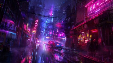 In a cyberpunk city, a gloomy alley filled with neon lights