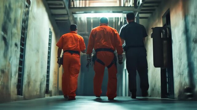 A 3D animation of prisoners in orange uniforms walking in a dimly lit prison hallway