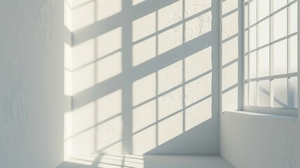Grey window shadows and sunlight reflection on white wall background for mockup design