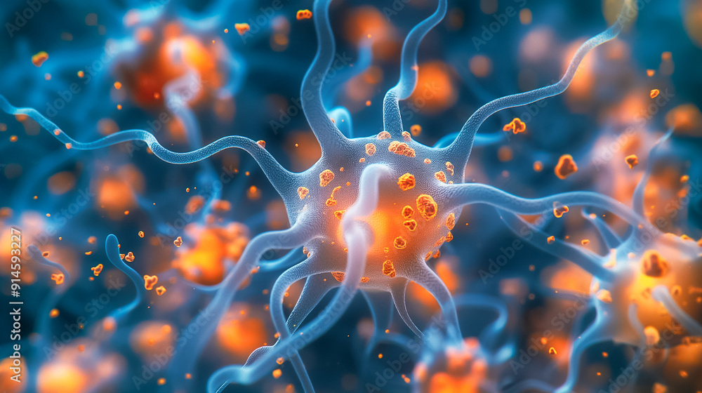 Poster closeup view of neurons and synapses in the brain, exploring complex biological interactions
