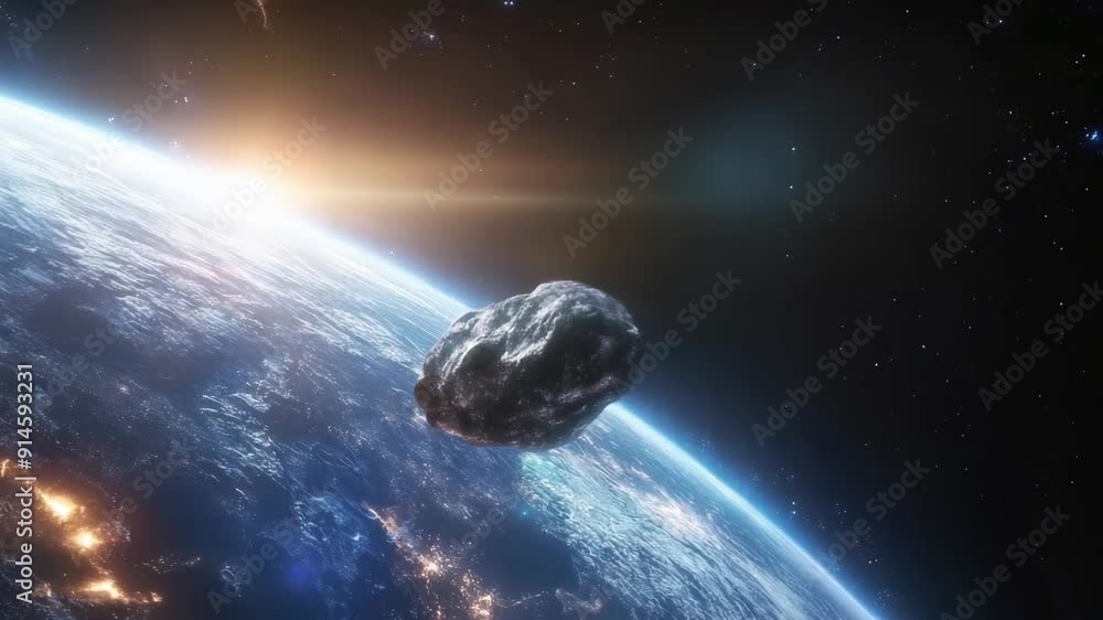 Poster 3d animation of an asteroid approaching earth against the backdrop of space