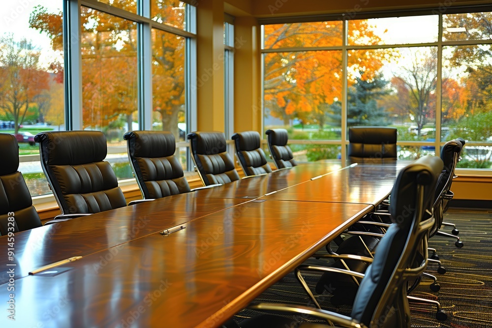 Poster empty conference room with large windows showing autumn trees