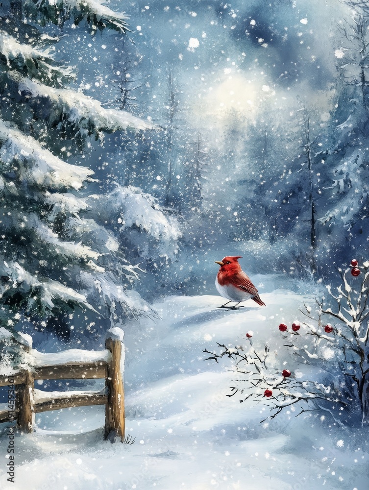 Wall mural snowy winter forest with a red cardinal