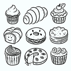 Collection of vector illustrations in line art style of hand-drawn food sweets, cakes, ice cream, cupcake