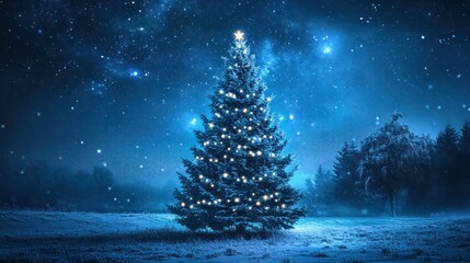 Christmas tree lit up in winter with snow and stars on top