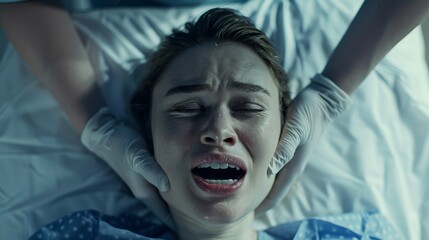 Clinic, labor, pushing, gripping hands or bed support, baby, and pain. Strong mother, birthing, hospital bed support for newborn, motivation or shouting