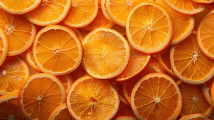   A stack of orange slices atop a mound of whole oranges on a table