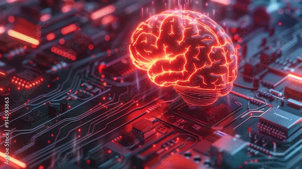 Poster big data, engineering, cybersecurity, and programming futuristic brain, technology, or neon circuit 