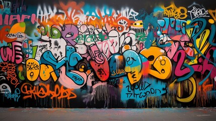 Colorful graffiti street art covering a concrete wall, contemporary culture