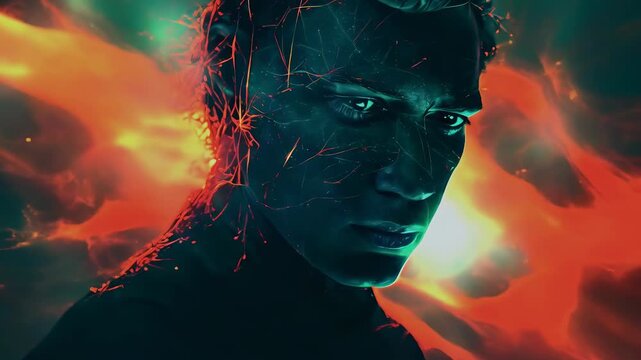 A young caucasian man, likely in his early 20s, is immersed in abstract, futuristic light patterns. The image has a vibrant, neon glow with reds and blues intertwining, creating an ethereal mood. The