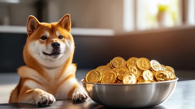 A 3D animation of a Shiba Inu dog sitting happily beside a bowl of gold coins