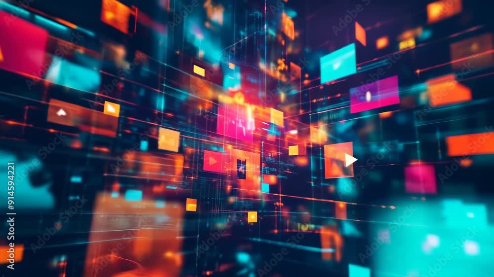 Poster 3d animation of an abstract digital network with bright icons and lines on a dark background